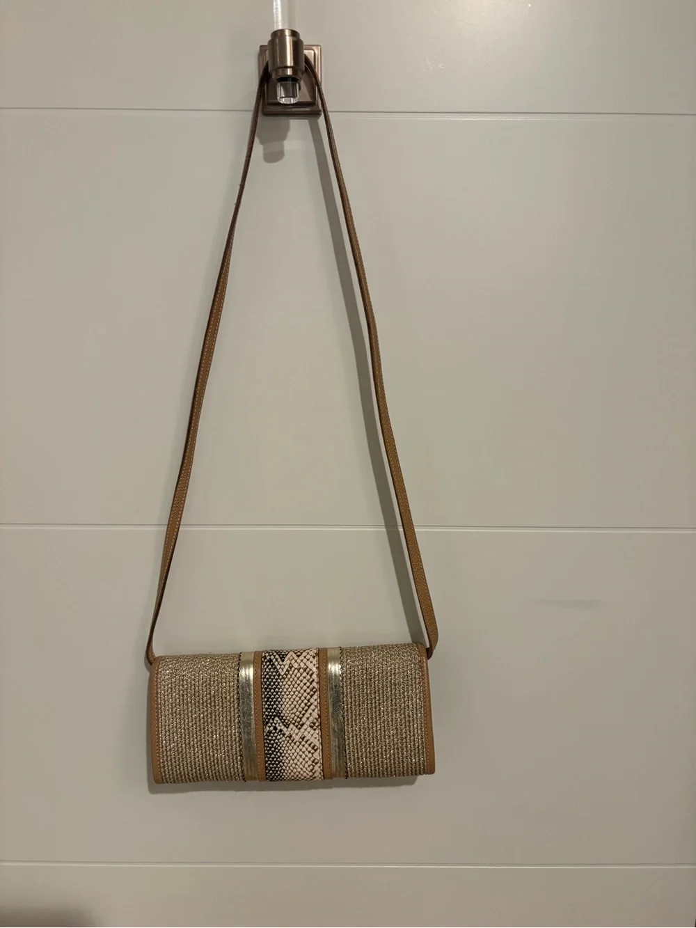 Eric Javits Tan Woven Crossbody with Snake-Print Accent and Gold Trim